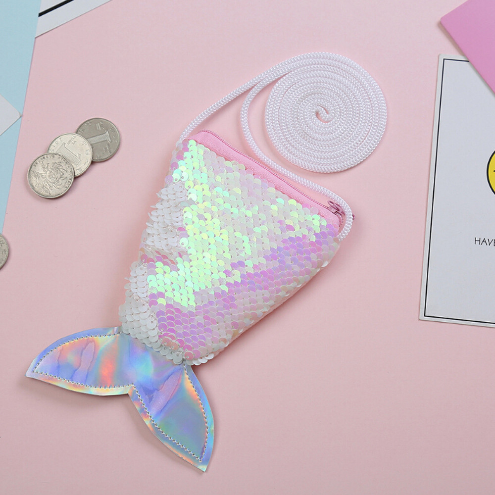 Small Coin Purses Sequins Children Handbags Zipper Panelled Fish Shape Wallets Cute Pouch Key Packet Handbag Women Girls: Pink 