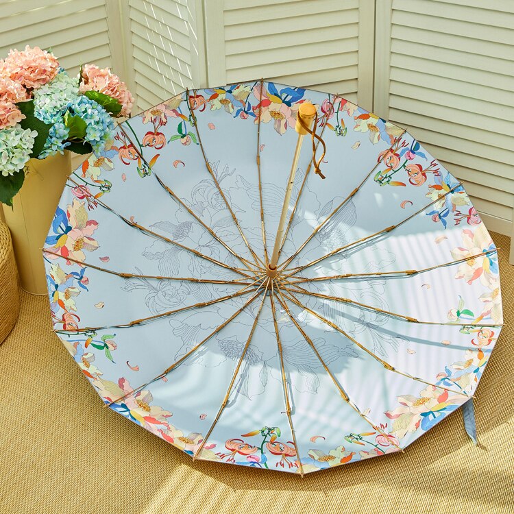 Japanse stijl bloemen paraplu regen vrouwen anti uv zonneparaplu houten handvat drie opvouwbare paraplu's zilveren coating 16k parasols: Blauw vanbinnen