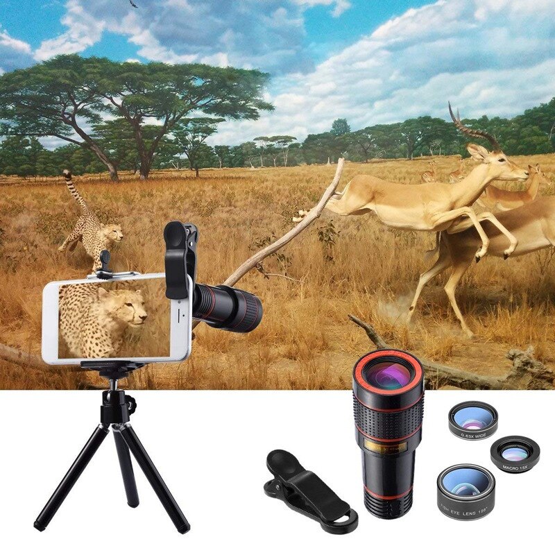 Camera Kit 12X Zoom Lens Voor Smartphone Telescoop Camera Lente Telefoon Telescoop Fisheye Macro Lens Statief Clip