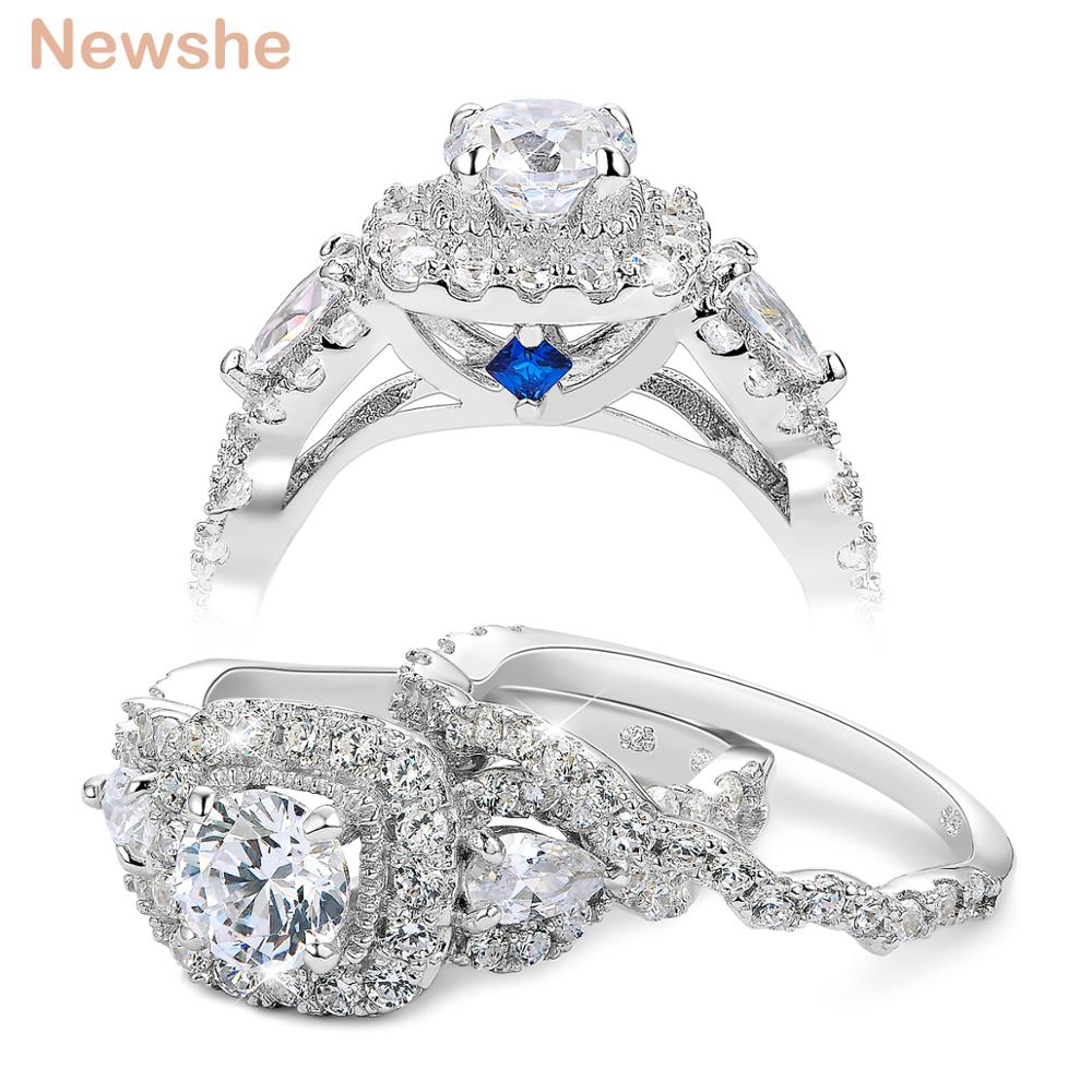 Newshe 2 sztuk pierścionek zaręczynowy ślub zestaw pierścieni dla kobiet 925 Sterling Silver 2.4Ct okrągły gruszka biały Cz rozmiar 4-13