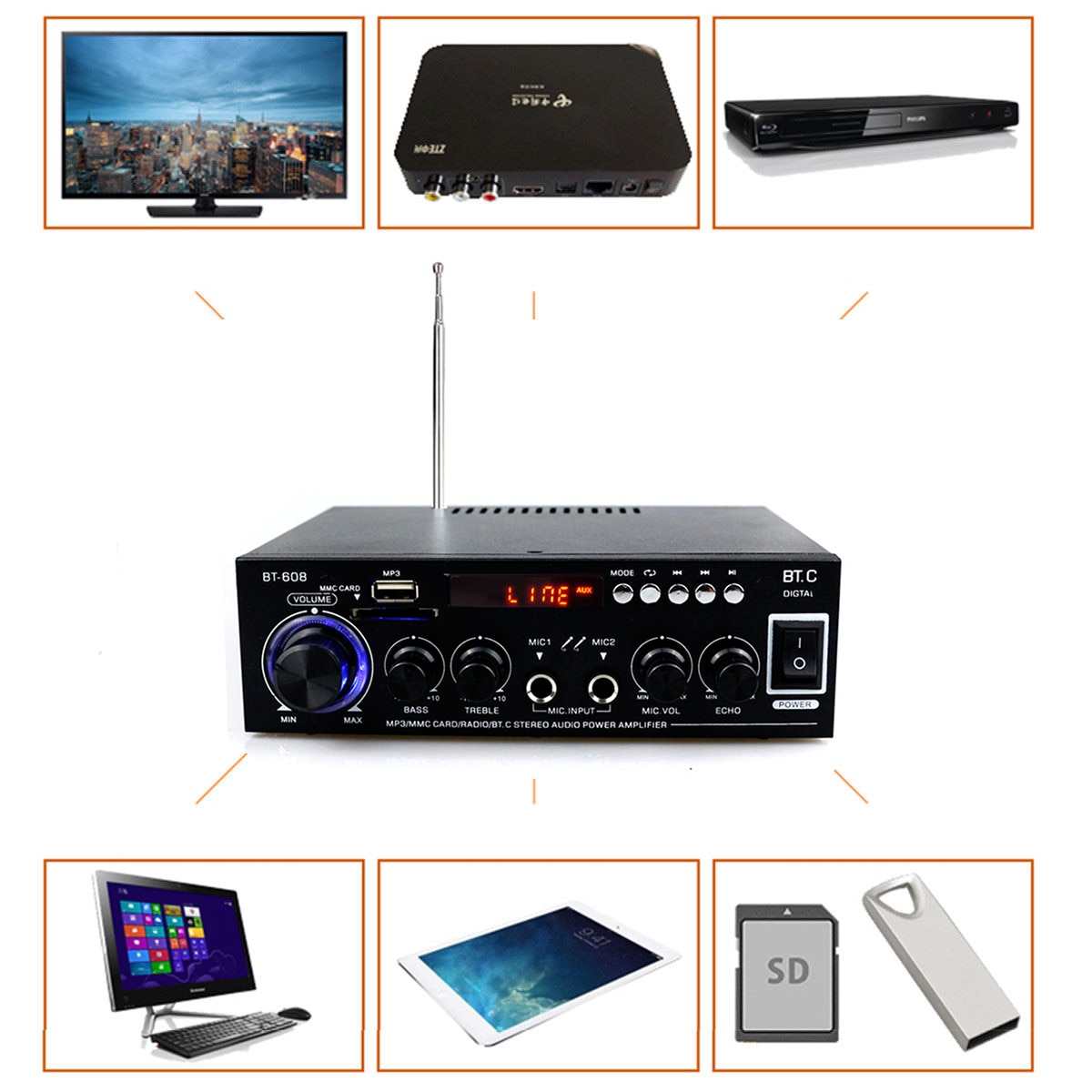 800W HIFI 2CH Amplificatore di Potenza Audio 110/220V Home Theater Audio Sistema Audio Mini Amplificatore FM USB SD bluetooth W/Remote Control