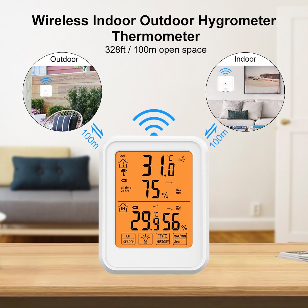 Humidity Hygrometer Wireless Indoor Outdoor Room Thermometer Temperature and Humidity Monitor Weather Station With Backlight
