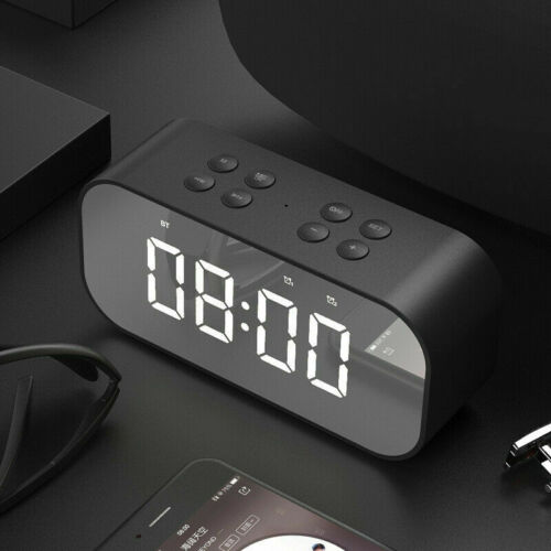 Bærbar buletooth højttaler med vækkeur 5.0 stereolyd højttaler digital elektronisk desktop ure bordindretning: Sort