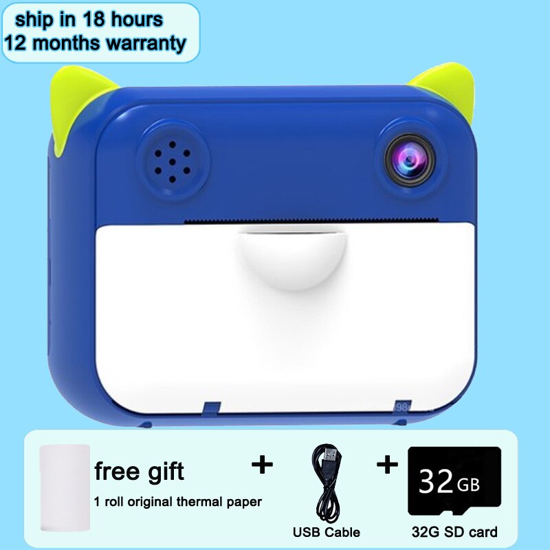 Videocamera per bambini stampa termica istantanea videocamera digitale 1080P HD con fotocamera portatile da 8G o 32G per bambini: Type1-32G Blue