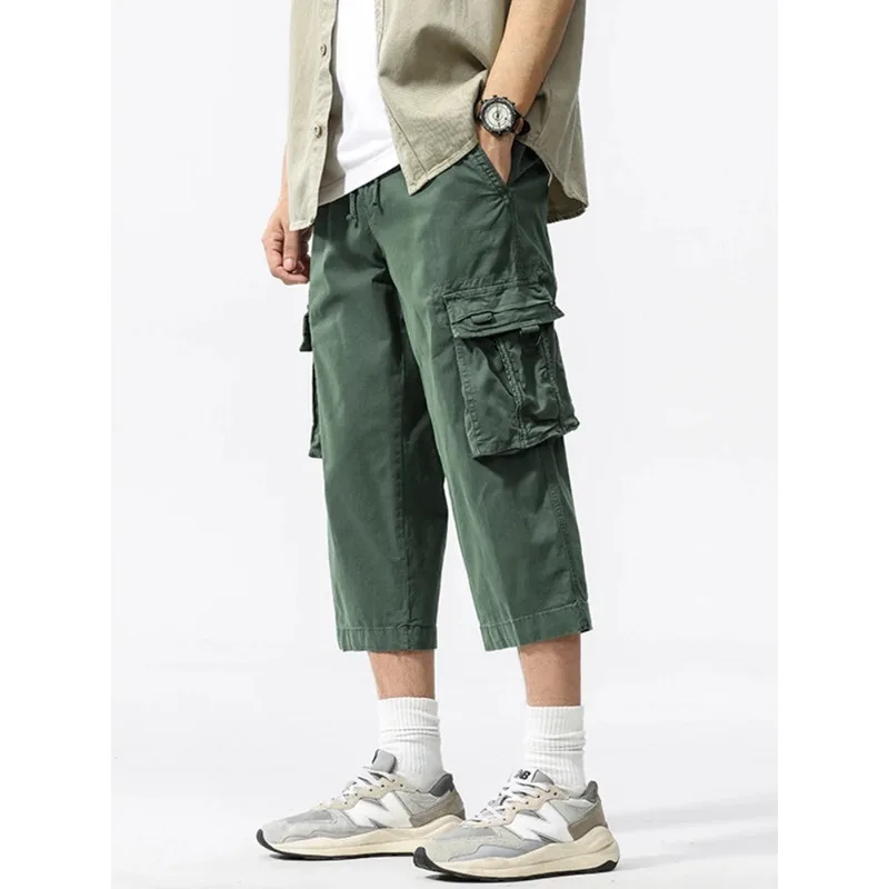 Pantalones Cargo con múltiples bolsillos, pantalones Capris rectos de algodón lavado, ropa de trabajo con cintura elástica, pantalones holgados, pantalones de verano hasta la pantorrilla para hombre