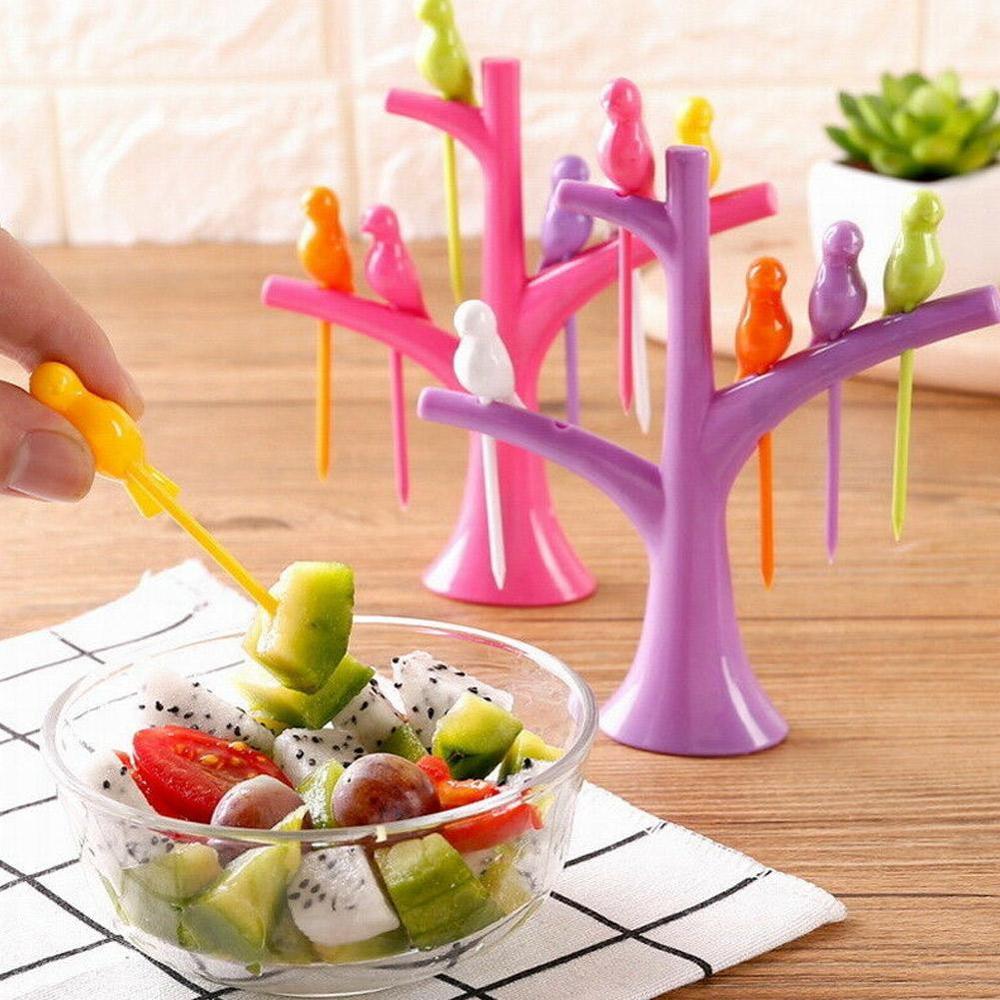 1 Stand+6 Forks Toothpick Fruit Tool Kitchen Gadget Birds Tree Birdie Fruit Fork Cartoon Tree Shape Party Fork Tableware Set