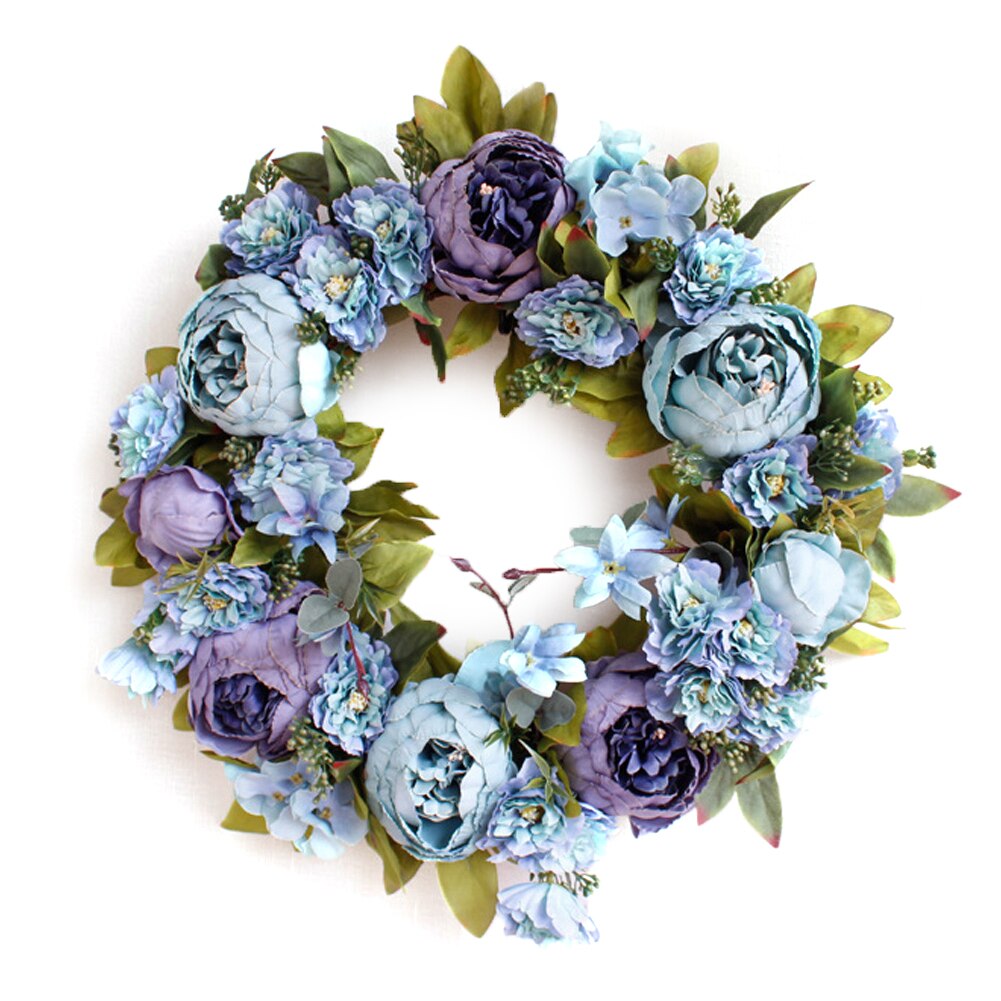 Corona de flores artificiales Vintage europea, corona de peonía para puerta de 16 pulgadas, corona de primavera, corona redonda para decoración de Festival de boda