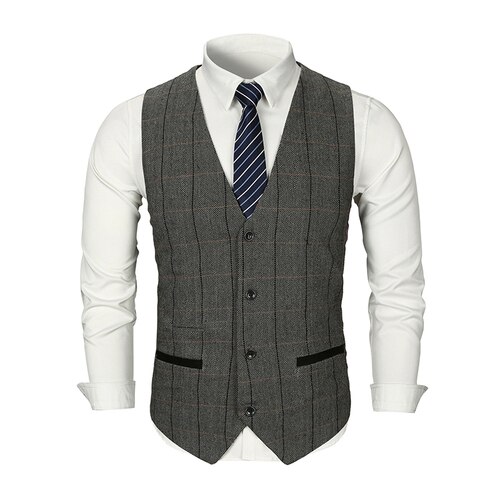 FFXZSJ Men Woolen Suit Vest Single Breasted Plaid Wedding Groom Slim Fit Vest Waistcoat Business Formal Vest for Men: Light Grey / s