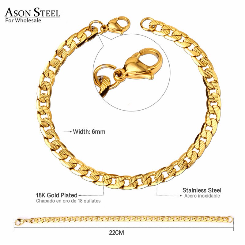 ASONSTEEL 6mm Stainless Steel Chain Gold/Silver Color Cuban Link Bracelet for Men Women Party Jewelry