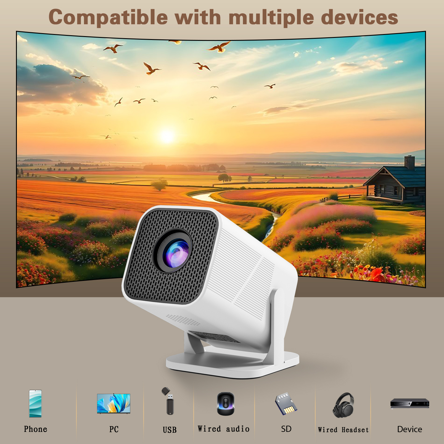 HD projector, mini projector, 180 degree rotation, compatible with phone/speaker/PC/USB, suitable for home theater/office