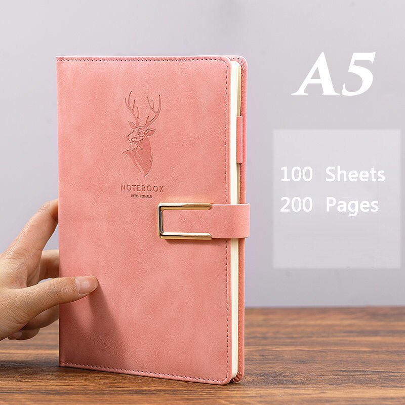 200 Pages A5 Notebook Business Office Work Planner Leather Notepad School Office Stationery: Pink