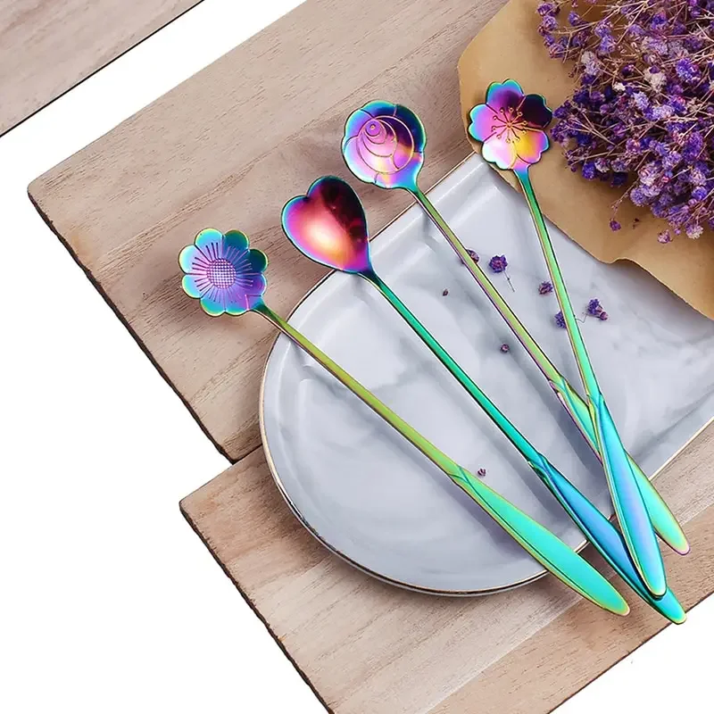 Cucharas largas de acero inoxidable para postre, cuchara de flores de 4 piezas, mango largo dorado, cuchara mezcladora para café y pastel, accesorios de cocina: Azul