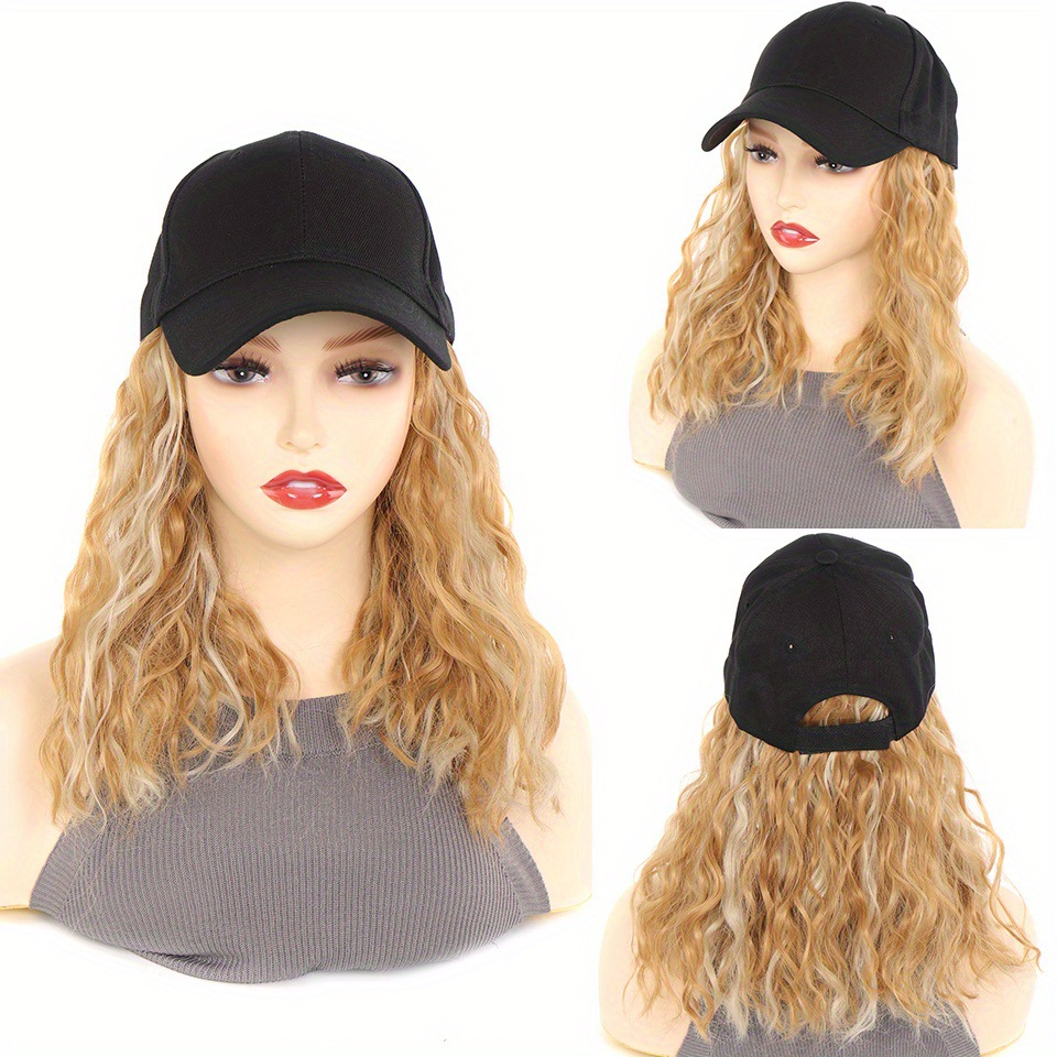 Pelucas de pelo ondulado rizado esponjoso sintético largo negro Difei con sombrero gorra de béisbol conectar naturalmente peluca de sombrero ajustable para mujeres: Negro