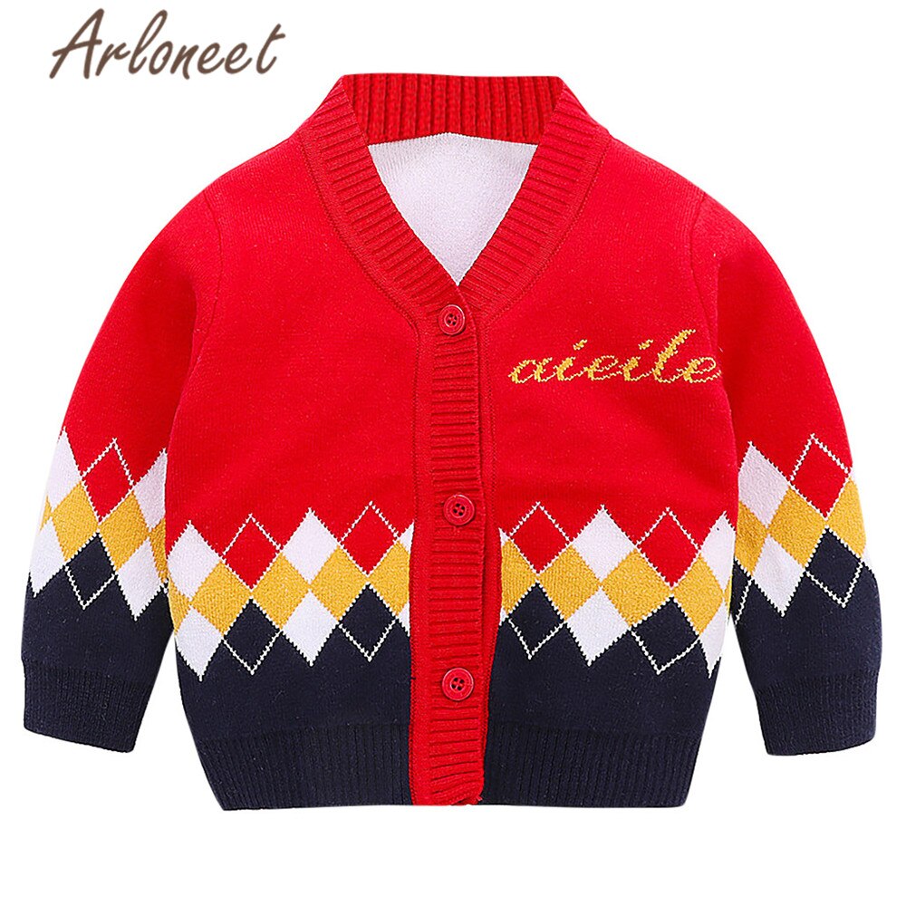 ARLONEET Cotton Coat Newborn Baby Girls Sweater Knit Letter Print Button Outerwear Baby Button Outerwear Winter Boys Jacket: Red / 24M