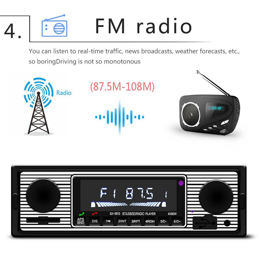 12V 1 Din Bluetooth Vintage Car Radio MP3 Player Stereo USB AUX Classic