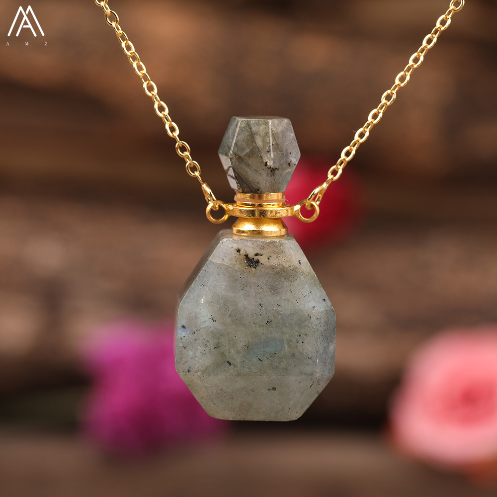 Arco-íris labradorite garrafa de óleo essencial perfume garrafa pingente colar moda feminina coração gem pedra jóias presente dropship: Revestimento de zinco azul e branco