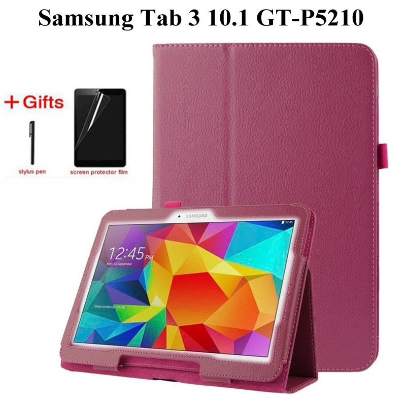 Odwróć ochronny, matowy liczi PU skórzany pokrowiec do Samsung Galaxy Tab 3 10.1 cala P5200 P5210 P5220 GT-P5200 pokrowiec na tableta + Film + długopis