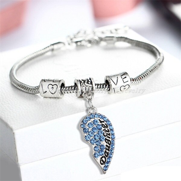 2PC Clear Color Red Pink Blue Crystal Rhinestone Heart Mother Daughter Bangle Bracelets Mom Mommy Girls Women Family Party: Blue Daughter