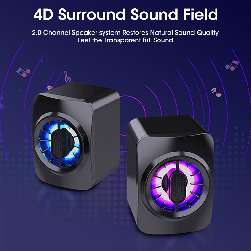 4D Speakers Computer Stereo Surround Soundbar Bass Subwoofer Colorful RGB Light Speaker for Laptop PC Home Theater Small Speaker