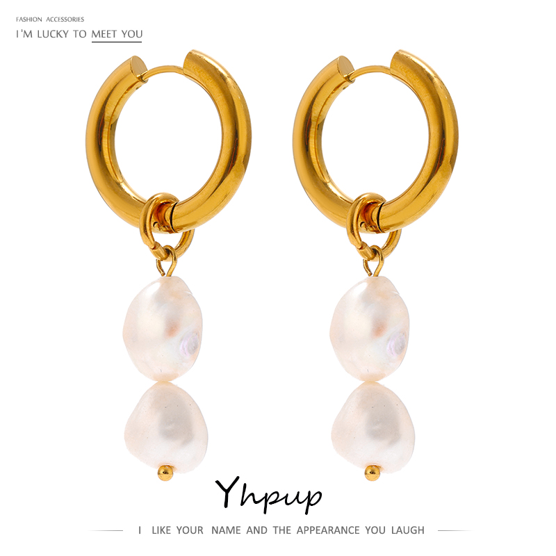 Yhpup roestvrij staal natuurlijke parel hoepel oorbellen charme metalen textuur geometrische mode-sieraden sosten dhernosрия cadeau