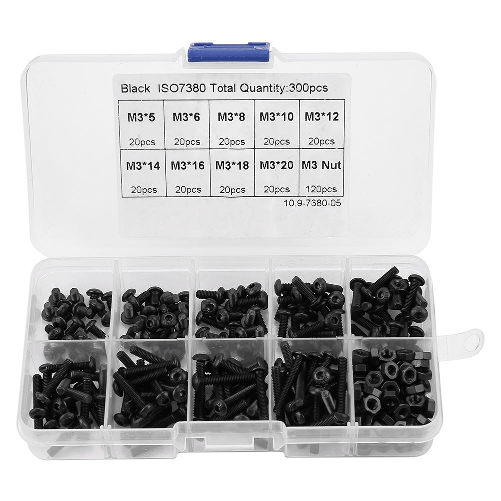 300 stuks  m3 schroeven moeren 10.9 klasse bolkop zeskant schroef bout moer assortiment kit hardware gereedschap korting