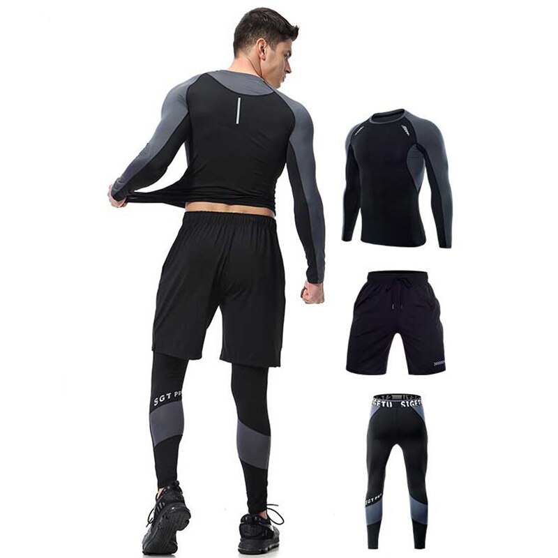 Men Long Johns Winter Fitness Gymming Sporting Suit Runs Top Shirts + Tight + Shorts Leggings Pants Thermal Underwear Sets: M