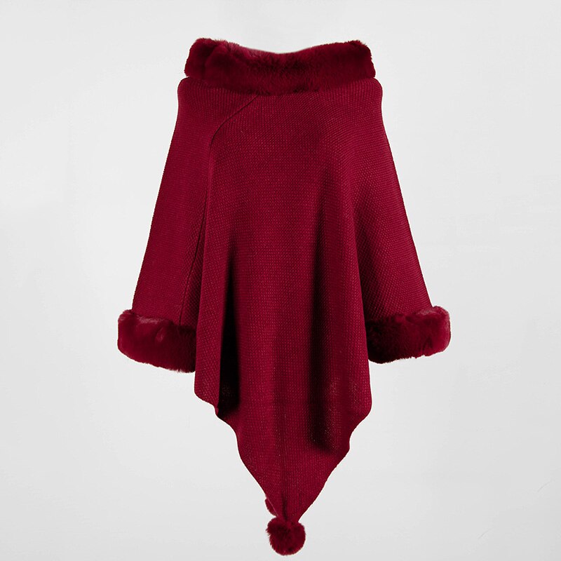 Quevoon dame poncho kunstig pelskrage damekappe lange strikkegensere falle shaggy kawaii genser streetwear: Rød