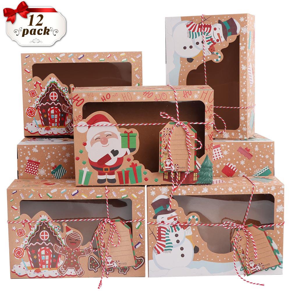 Ourwarm 12/24Pcs Kraftpapier Kerst Cookie Dozen Met Clear Window 22*15*7Cm nieuwjaar Gunsten Dozen Voor Cookies Treats: 12pcs