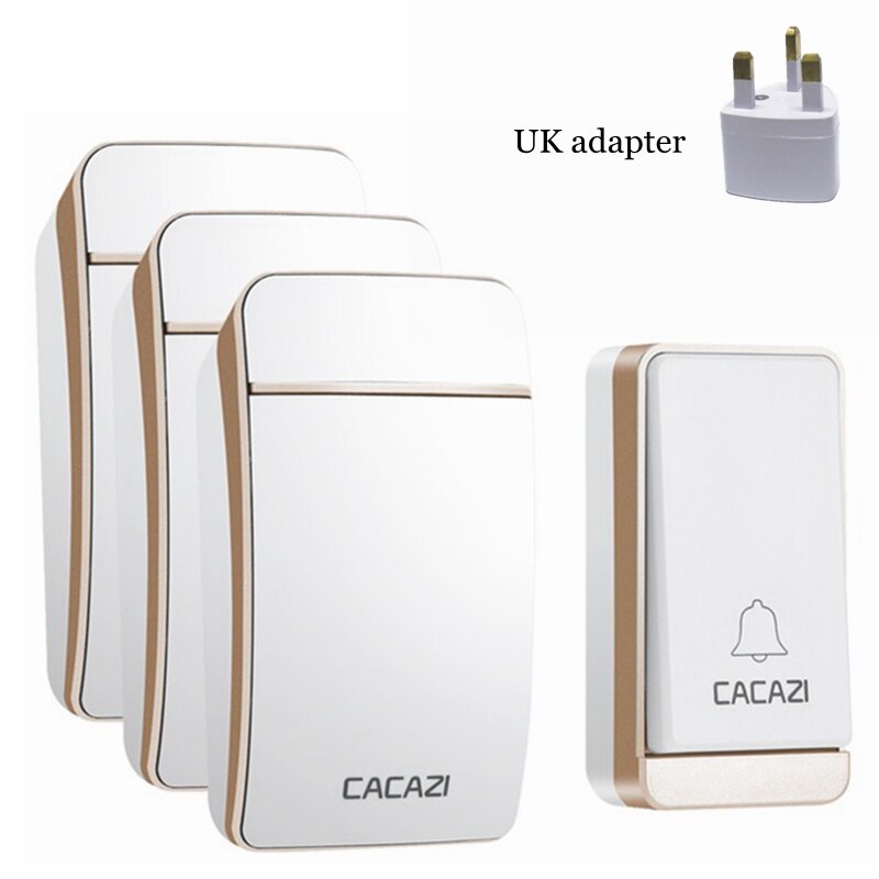 CACAZI Self-powered Wireless Doorbell Waterproof No Battery LED Flash 1 Button 3 Receiver Smart Home Cordless door bell chime: Gold 1x3 UK