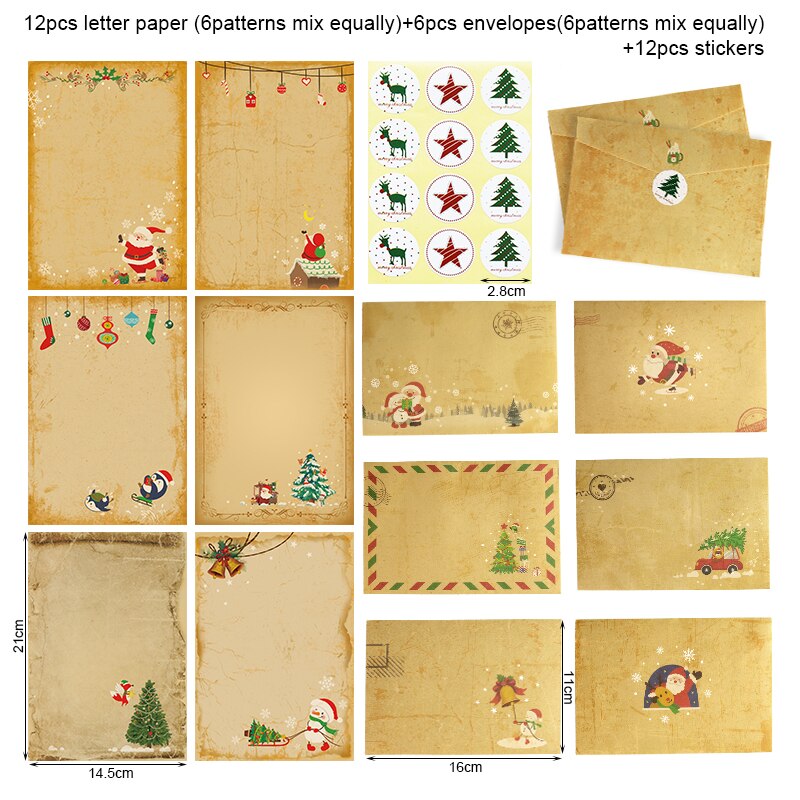 6Sets Christmas Kraft Letter Pad Envelope Retro Santa Claus Letter Paper Xmas Party Invitation Envelope with Accessories: Pattern1