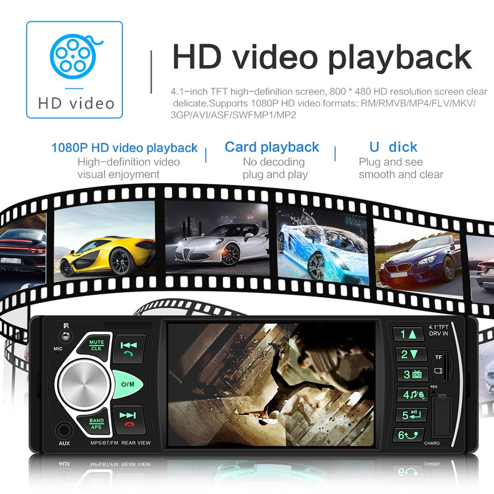 Autoradio stéréo 4.1 "HD, grand écran 4022D, Bluetooth, mains-libres, Bluetooth, lecteur électronique MP5, noir, pour voiture