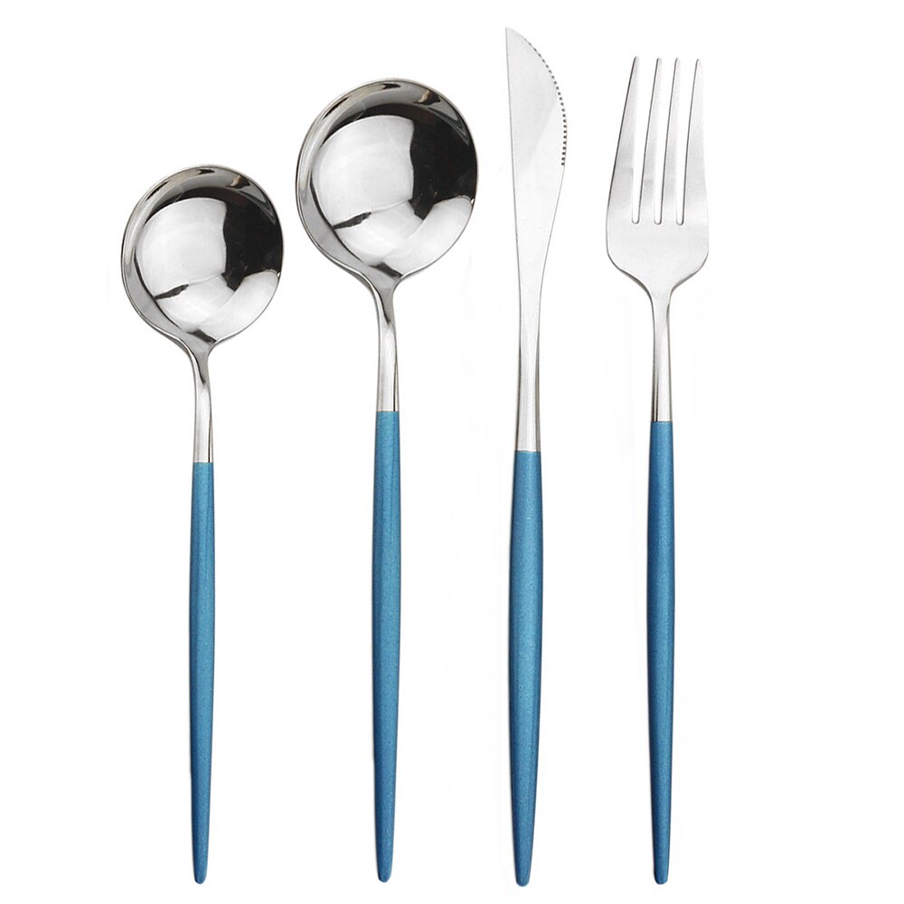 JANKNG 4Pcs Black Dinnerware Set Dessert Spoon Flatware Set Stainless Steel Tableware Mirror Kitchen Gold Cutlery Silverware Set: Blue Silver
