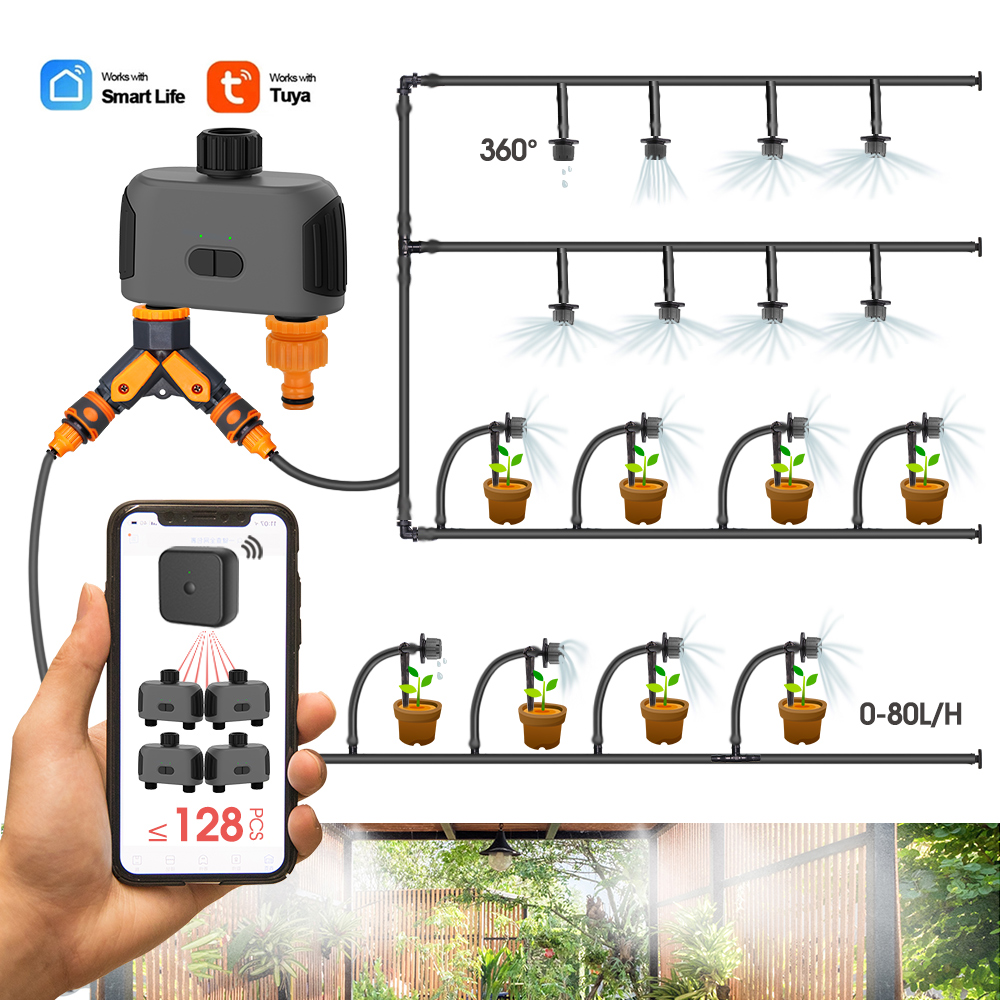 Drahtlose 2-Weg Garten Bewässerung System Einstellbar Tropf Bewässerung Kit Wifi Bluetooth-kompatibel Timer Controller 1/4'' Schlauch T