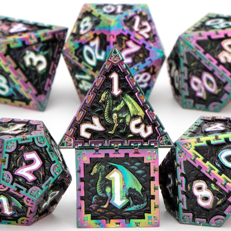 Set di dadi Dnd arcobaleno nero 7 pezzi RPG D &amp; D D + D dadi in metallo poliedrico prigione e drago D20 D12 D10 D % D8 D6 D4 gioco di ruolo