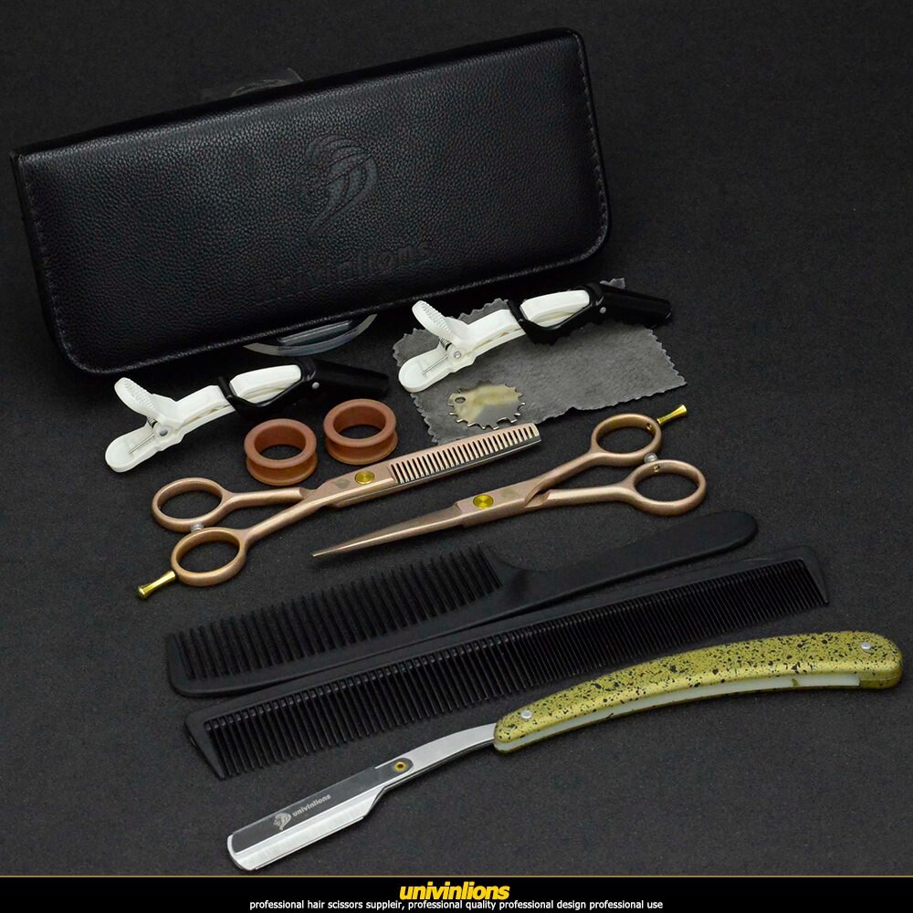 univinlions 5.5" rose gold hairdresser scissors barber hairdressing scissors haircut shears thinning hair golden scissors razor: set with razor