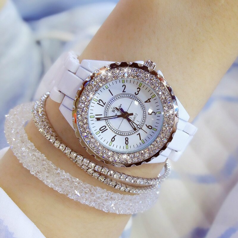 BS Luxury Ceramic Women Watch Crystal White Ladies Quartz Wristwatches Women Watches Ladies Wrist watches Female Clock