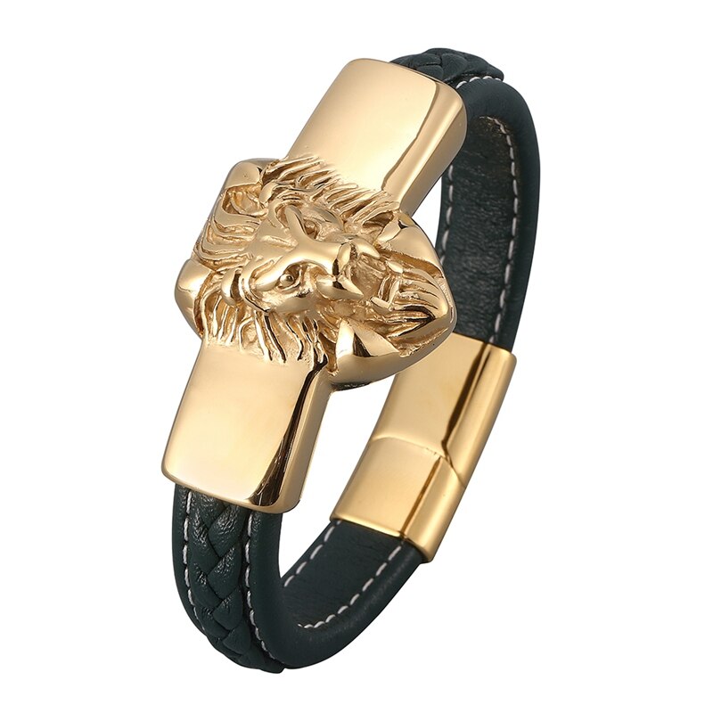 Hiphop groene gevlochten leren heren armbanden en bangles gouden leeuwenkop roestvrijstalen bikerketting mannelijke punk sieraden  sp0818