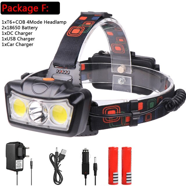 LED Koplamp T6 + COB LED Koplamp Koplamp Zaklamp Fakkel Lantaarn hoofd licht Gebruik 18650 batterij voor Camping: packet F