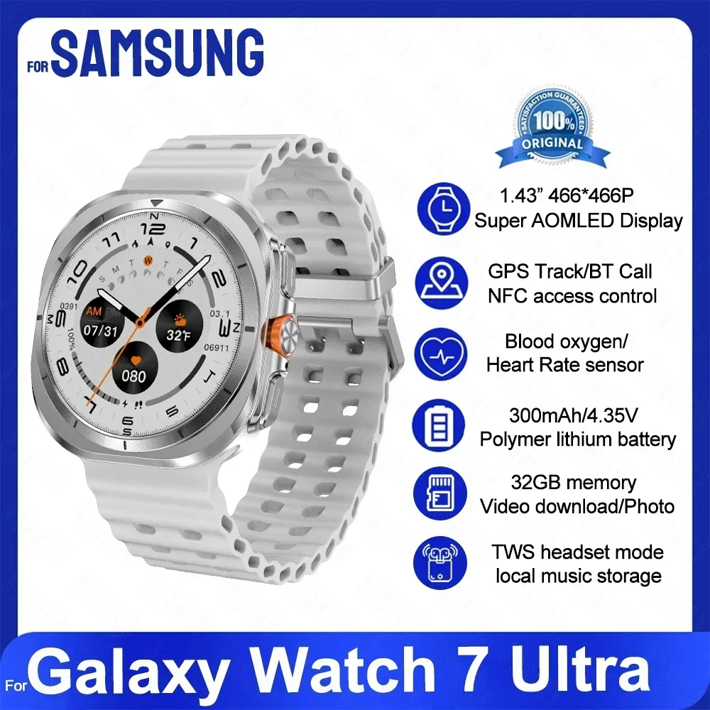 Novo galaxy watch 7 ultra relógio inteligente 32gb de memória gps nfc masculino 1.5 "tela amoled rastreador de fitness saúde pulseira inteligente para samsung: Prateado