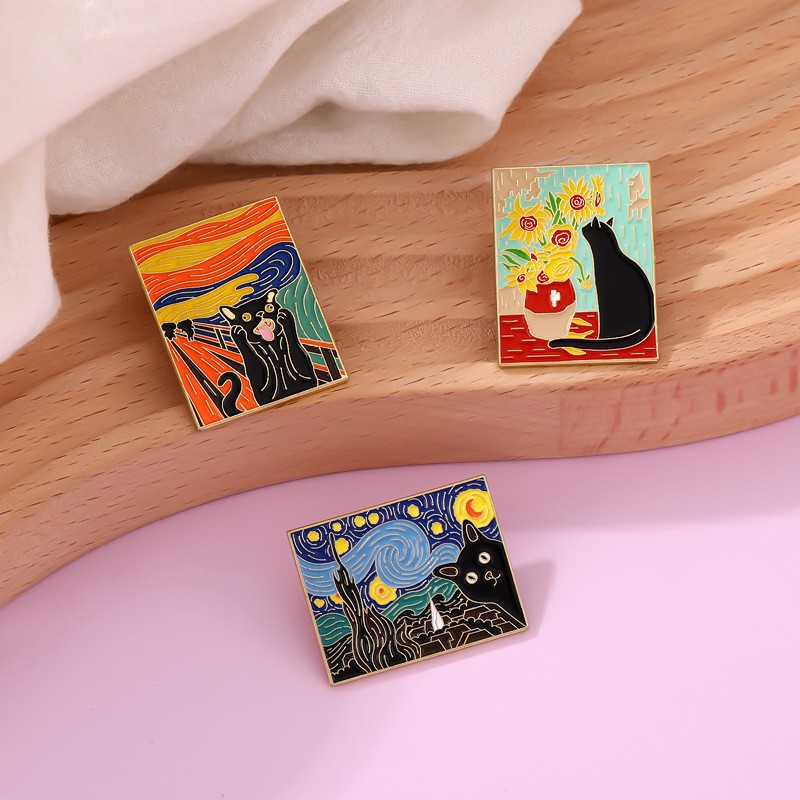 Pintura al óleo de cielo estrellado, girasol, chica, geométrico de metal, insignias, broche, alfileres de esmalte, etiqueta, bolsa, mochila, sombrero, de joyería