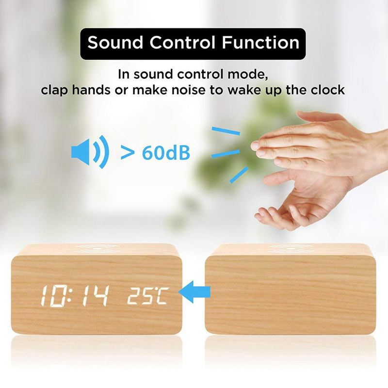 Houten wekker met draadloos qi-oplaadstation, compatibel met iphone samsung, houten led-digitale klok, geluidsregelingsfunctie