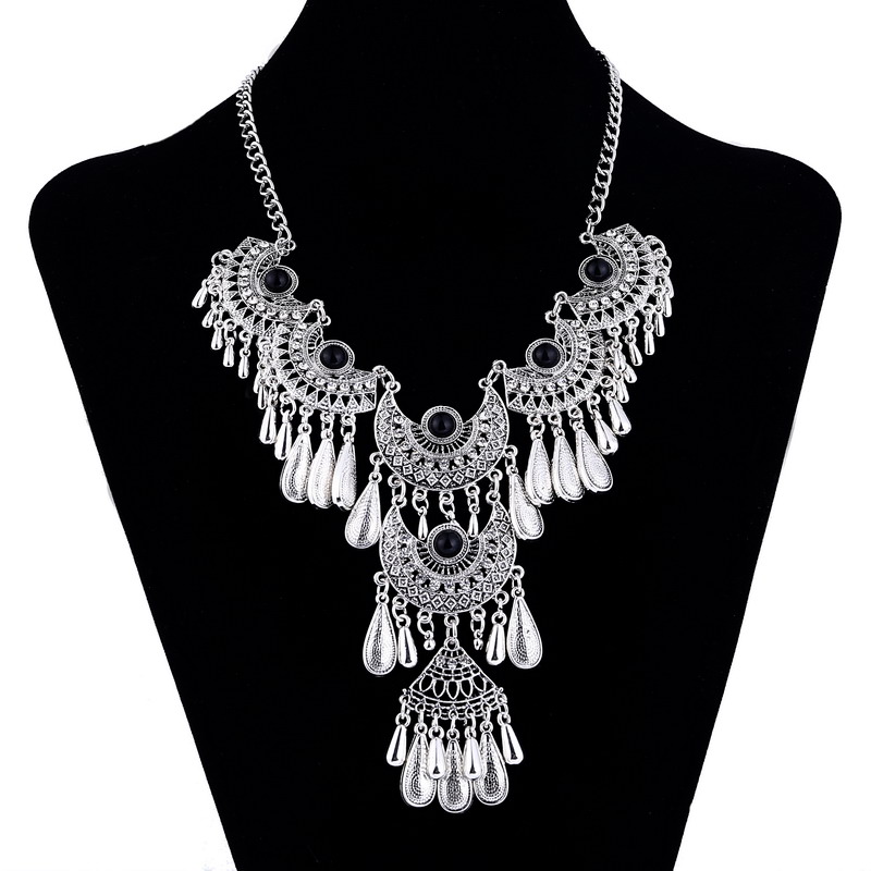 Collares llamativos étnicos exagerados Vintage para mujer, collares con borlas de gota de agua talladas de Color plata antigua, joyería Bohemia