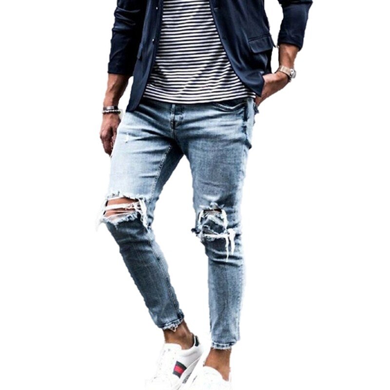 Men Jeans Streetwear Knee Ripped Skinny Hip Hop Estroyed Hole Pants Solid Color Male Stretch Casual Denim Big Trousers: 1903 Light blue / M