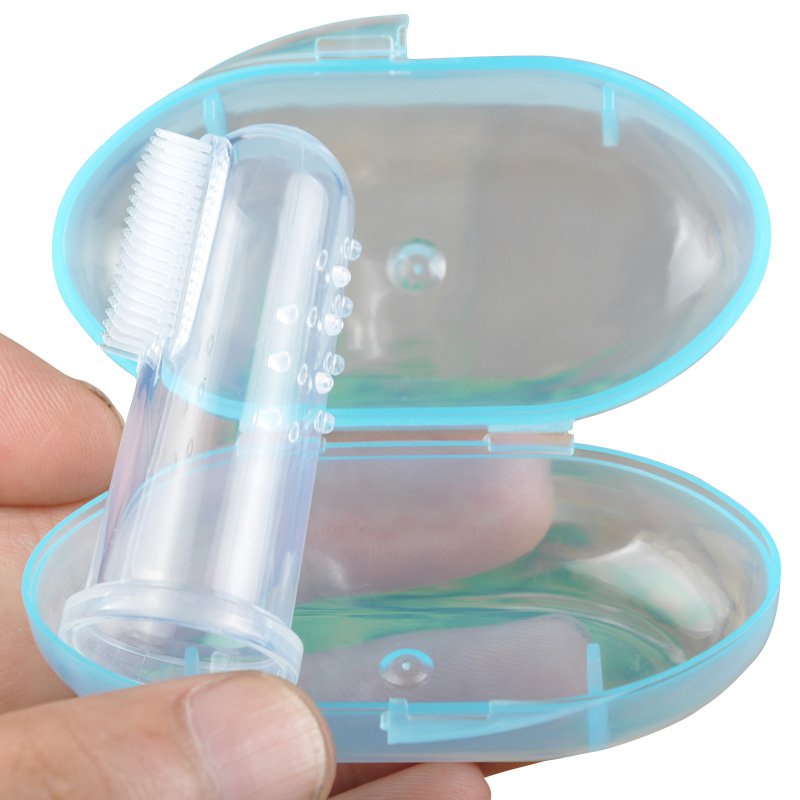 Bonito cepillo de dientes para dedos de bebé con caja, cepillo de limpieza de goma suave de silicona para masaje de niños, conjunto masajeador 1 Uds: Azul