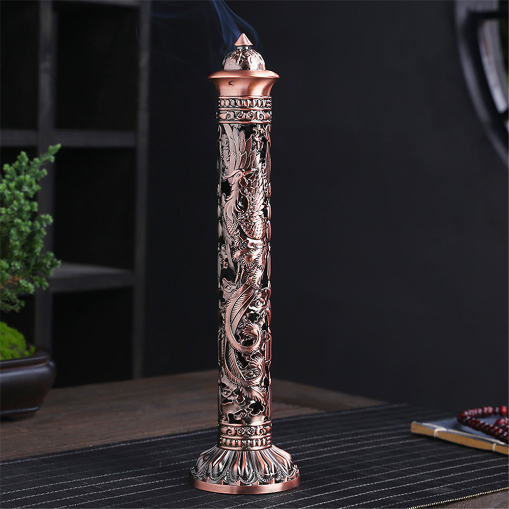 Retro Vertical Incense Burner Buddha Heart Sutra Dragon Phoenix Pillar Metal Incense Stick Home Office Ceremony Decoration: Yellow