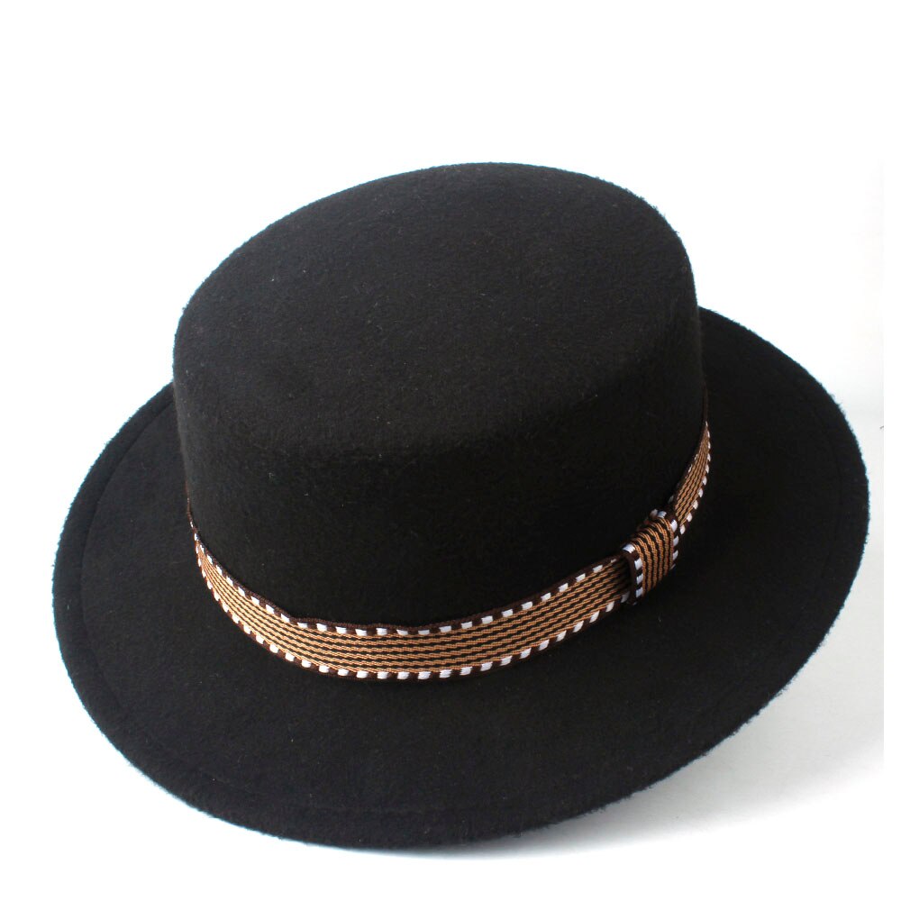 Men Women Flat Fedora Top Hat With Belt Wool Trilby Hat Pork Pie Hat Jazz Hat Size 56-58CM: Black