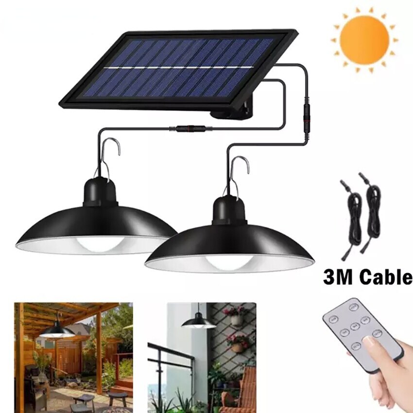Solar Pendant Light Outdoor Indoor with Remote Control 3M Cable For Camping Garden Hanging Lights Waterproof Solar Shed Lights: two head white