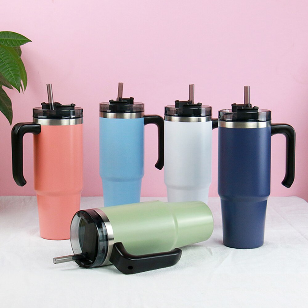 20oz/30oz Stainless Steel Thermos Cup With Straw Coffee Cup Thermal Insulation Ice Cup Car Cup Water Cup With Handle