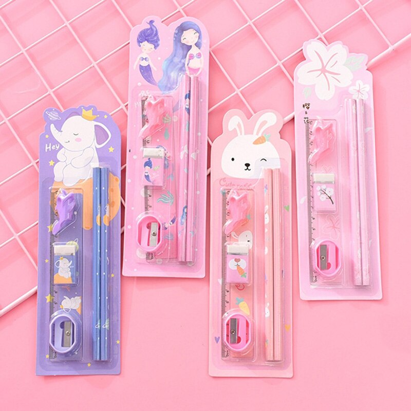 Conjunto de lápices lindos Kawaii con goma de borrar soporte de pluma con sacapuntas para la escuela de los niños 6 piezas de papelería Set de