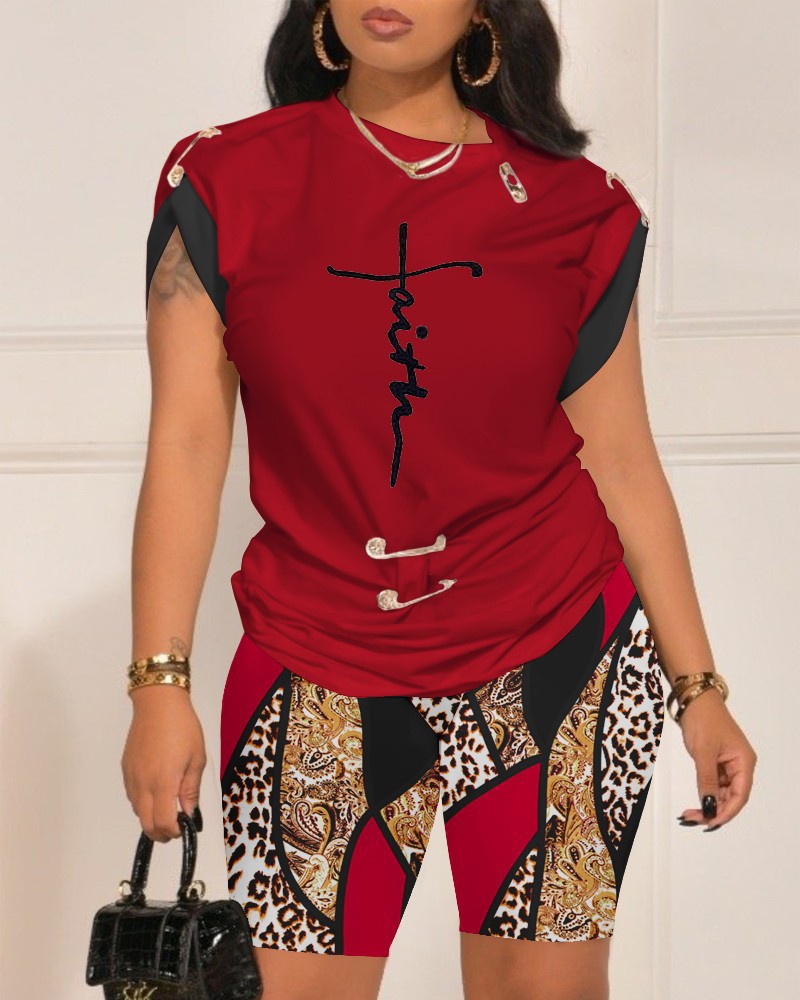 Dames tops, t-shirts en shorts, casual 2- zomercombinatie met t-shirt en short met print, maten s-xxxl: Xxxl / Bruin